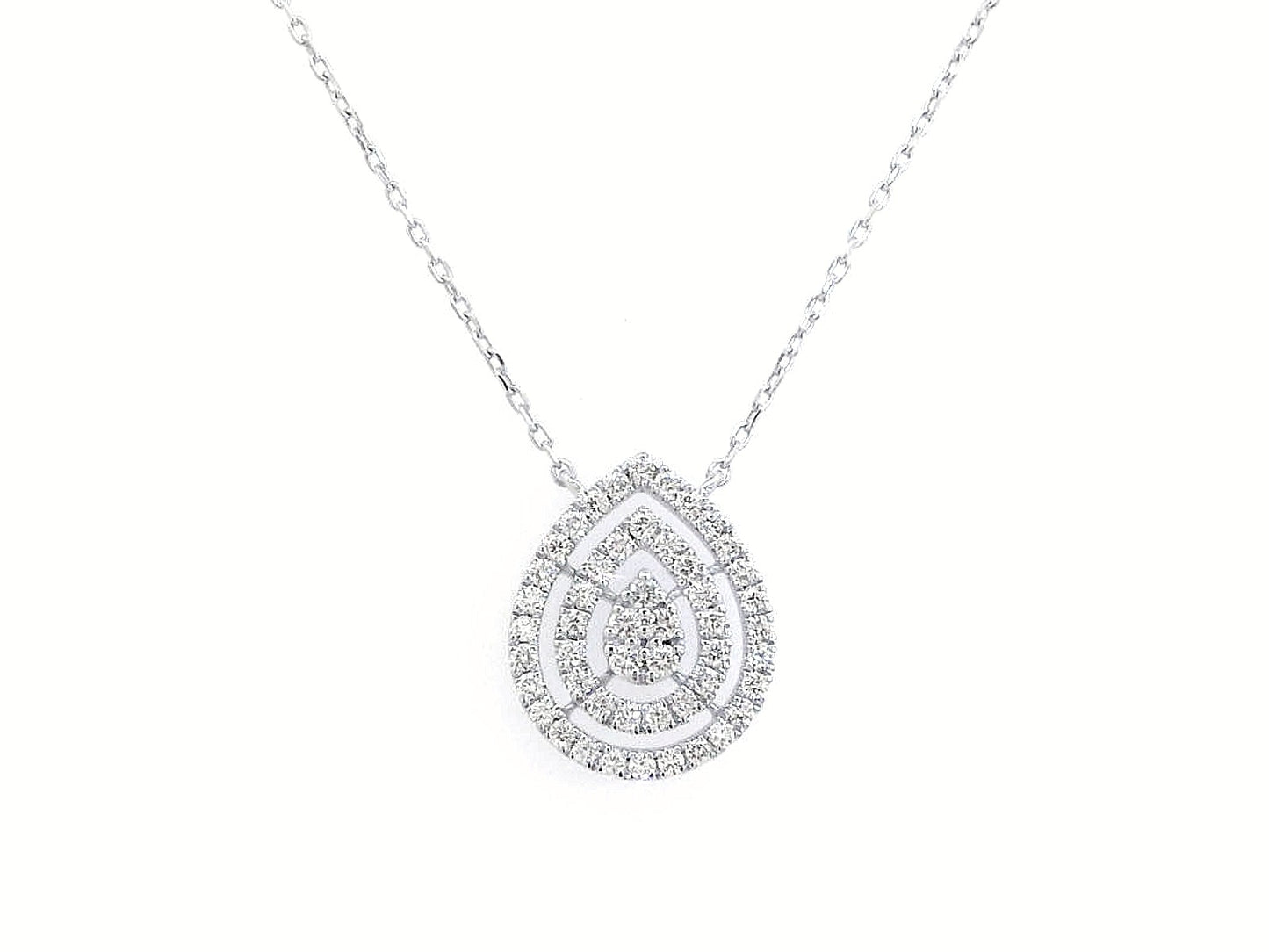 18K gold teardrop diamond halo pendant necklace with a 0.32ct natural diamond double-halo design, featuring an 18K gold chain.