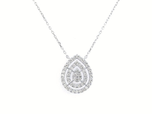 18K gold teardrop diamond halo pendant necklace with a 0.32ct natural diamond double-halo design, featuring an 18K gold chain.