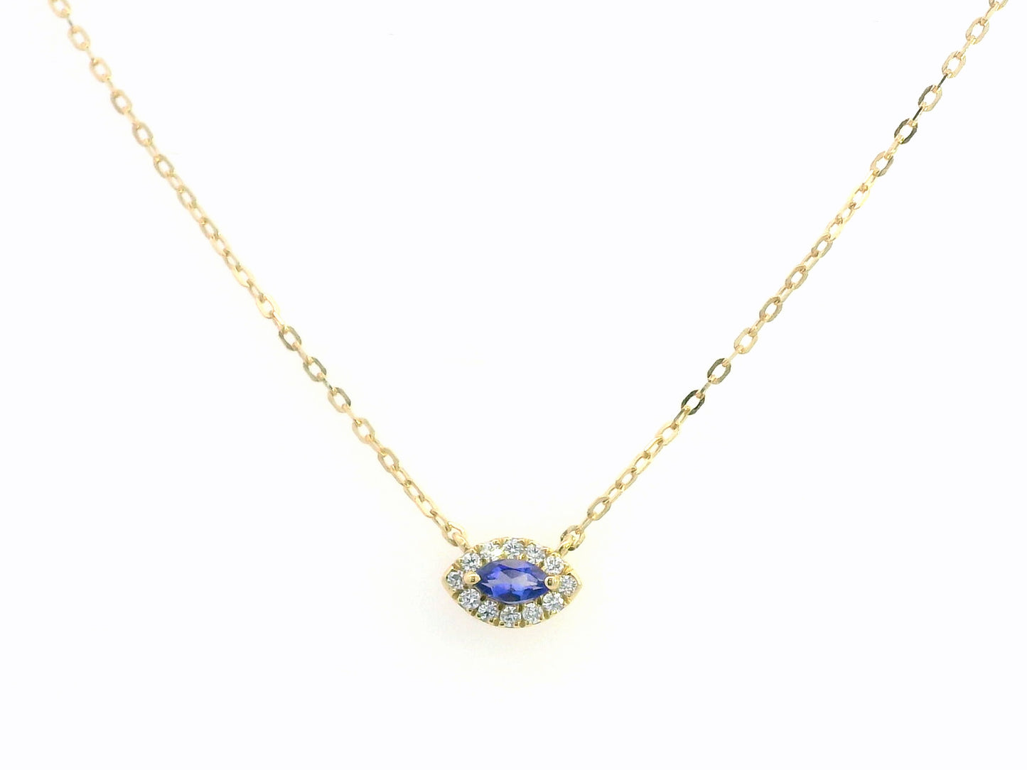 Minimalist marquise-cut Tanzanite pendant necklace in 18K yellow gold with diamond halo