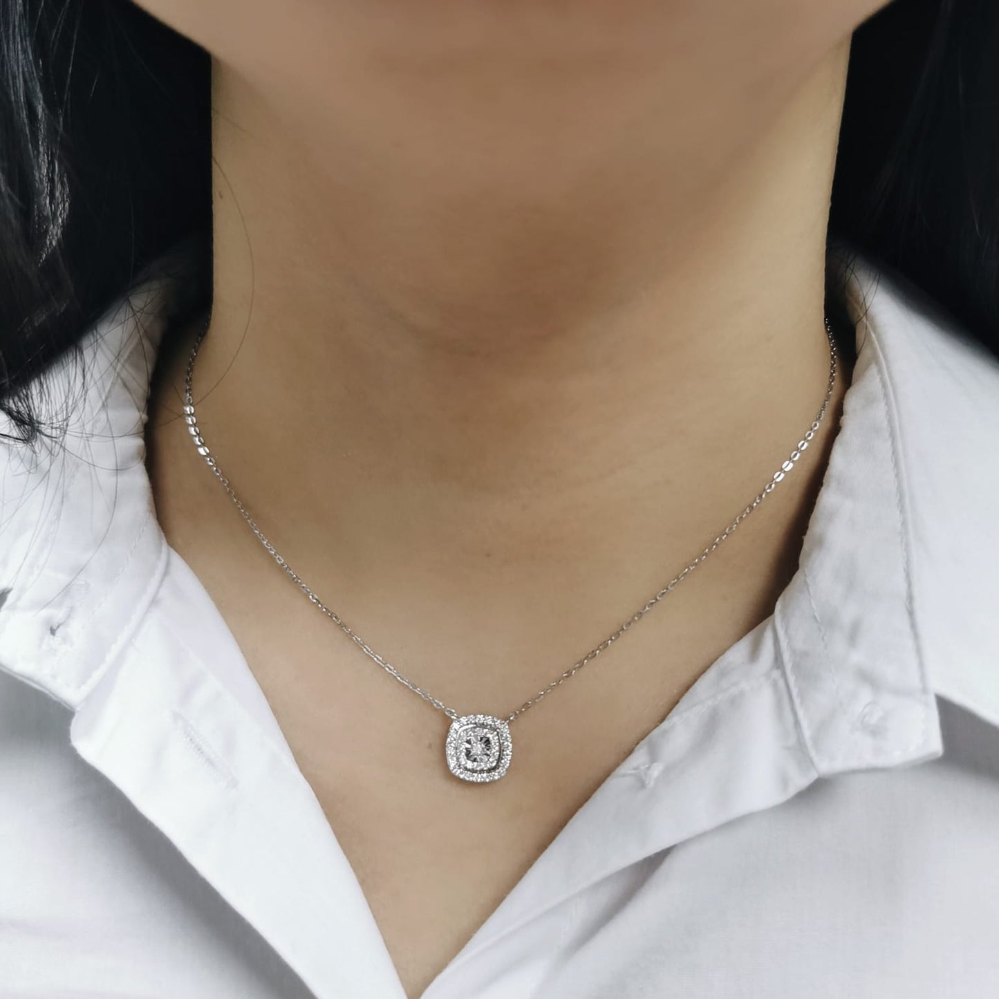 18K Gold Double Halo Diamond Pendant Necklace with Cushion Shape, 0.40 Carats