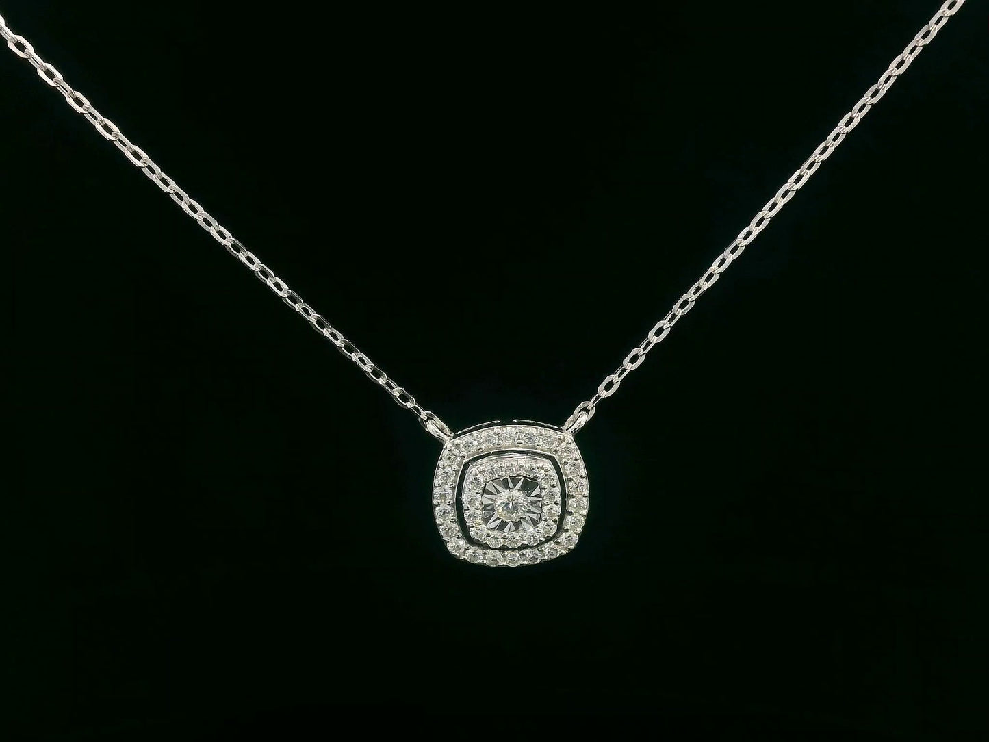 18K Gold Double Halo Diamond Pendant Necklace with Cushion Shape, 0.40 Carats
