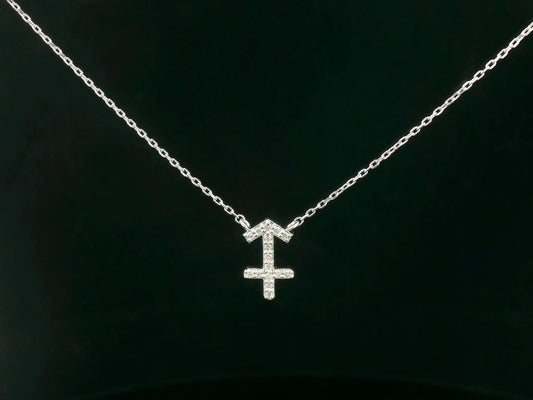 Sagittarius zodiac necklace in 18K white gold with diamond-studded symbol, 0.08 carat total.