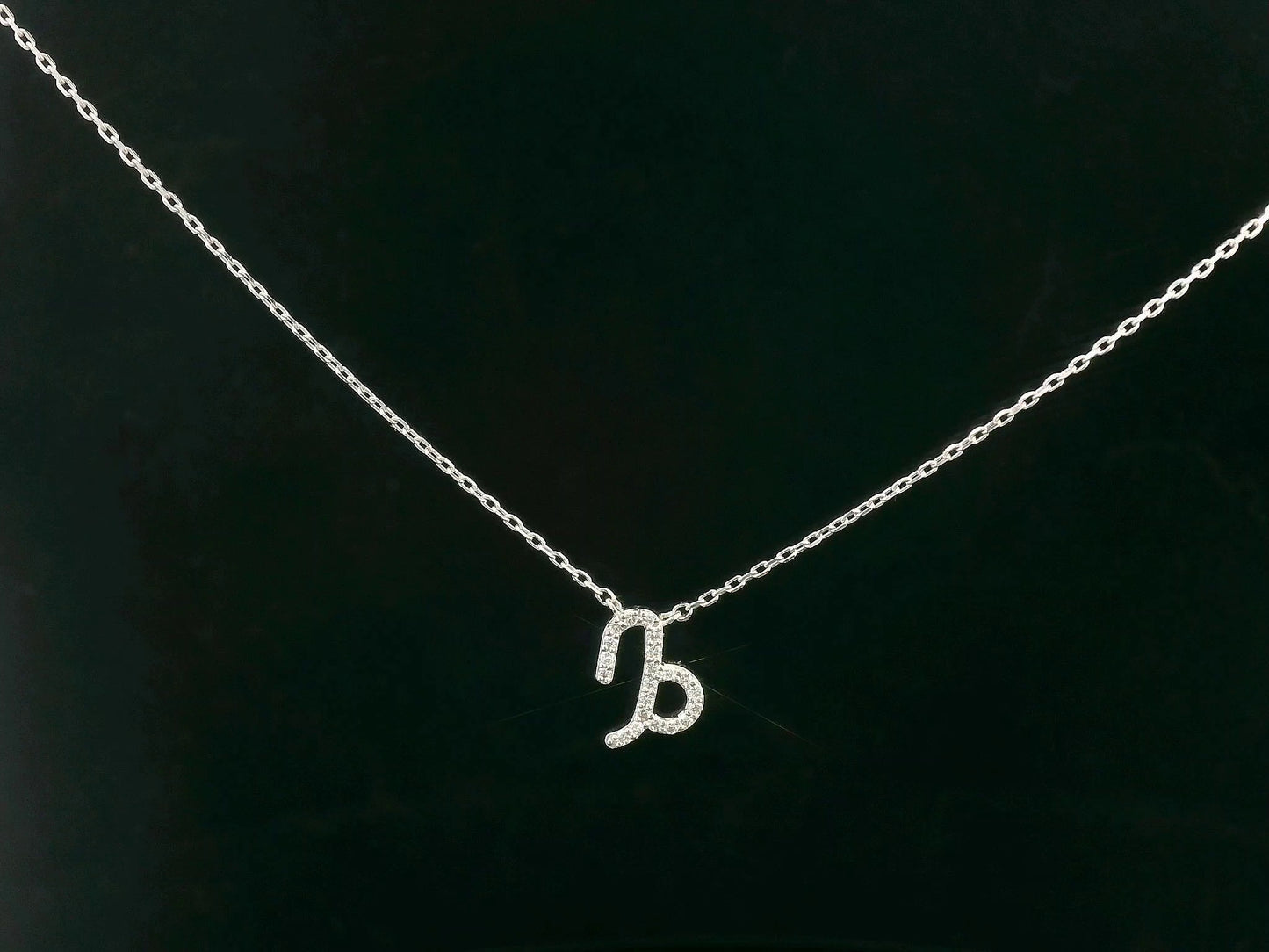 Capricorn zodiac necklace in 18K white gold with 0.08 carat diamond accents.