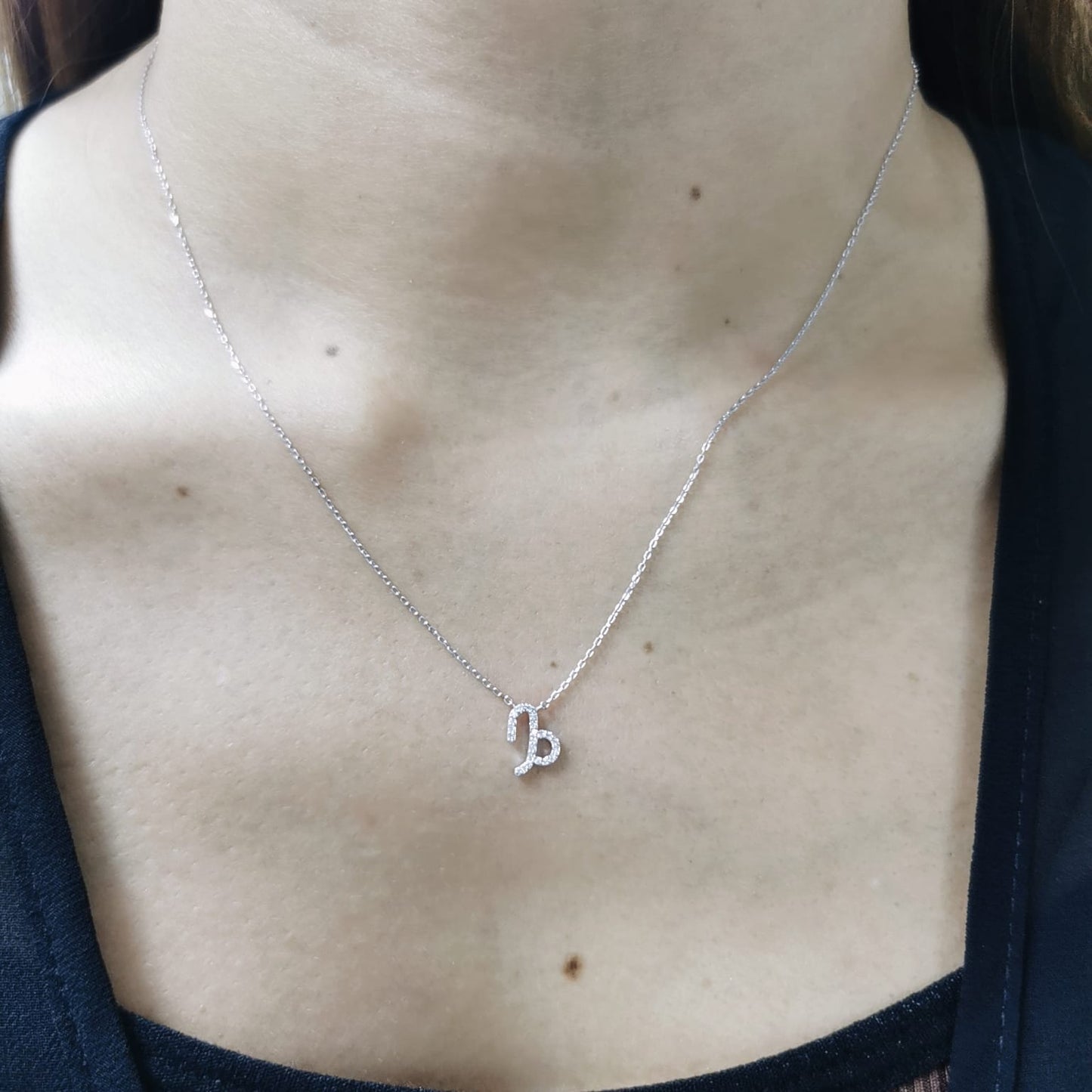 Capricorn zodiac necklace in 18K white gold with 0.08 carat diamond accents.