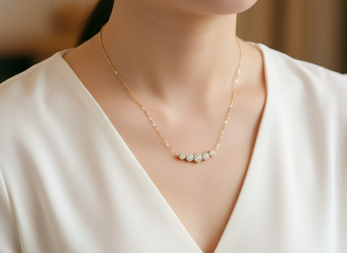18K Yellow Gold Five-Cluster Diamond Necklace – 0.57 Carats