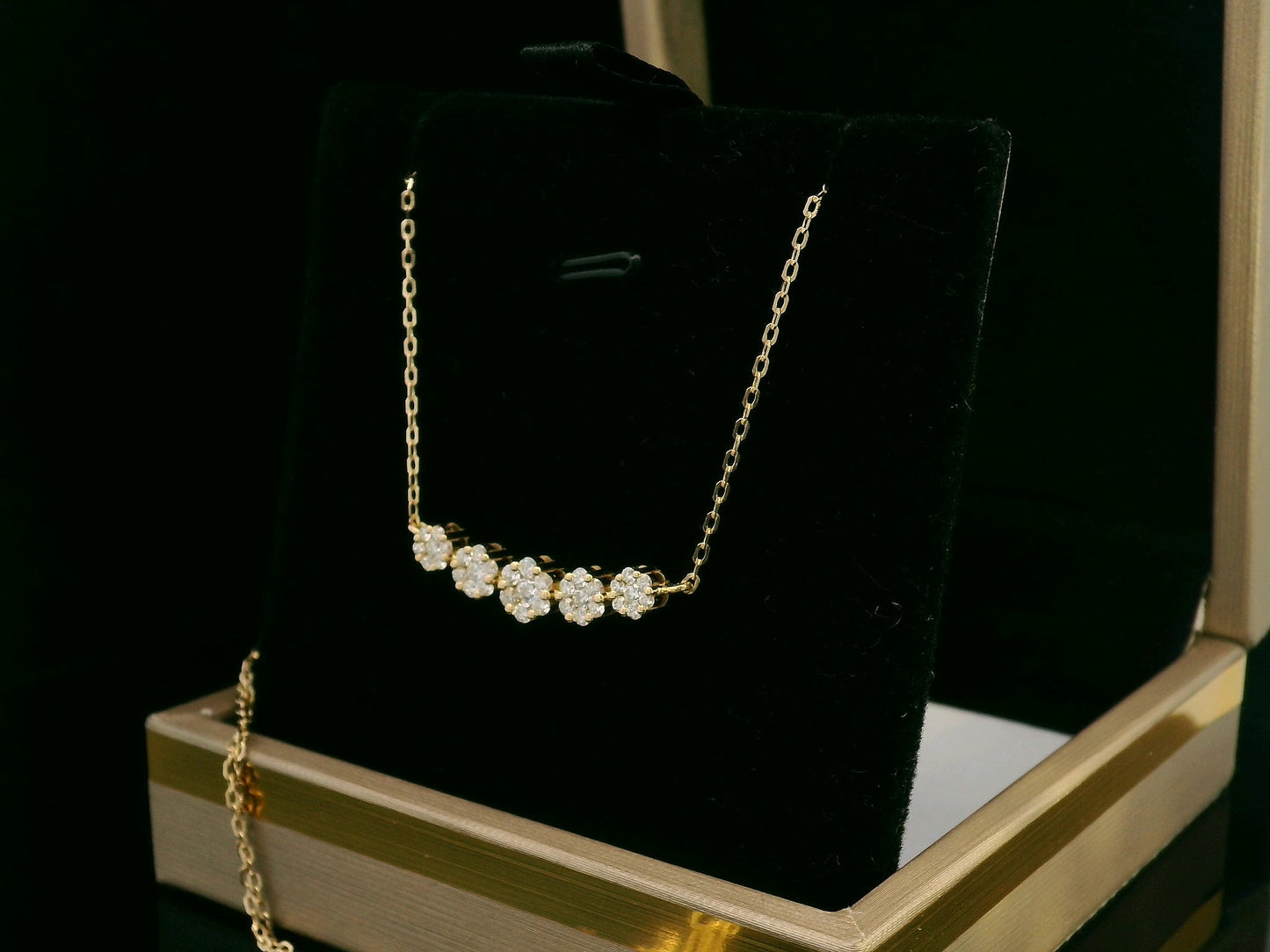 18K Yellow Gold Diamond Cluster Necklace, 0.57 Carat, Five Floral Diamond Clusters