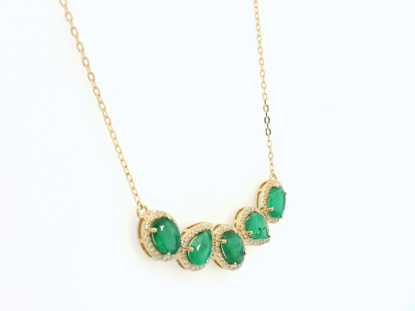 18k Yellow Gold Emerald Necklace with 3.33ct Pear & Oval Emeralds and 0.38ct Diamond Halo Accents, Elegant Statement Fine Jewelry