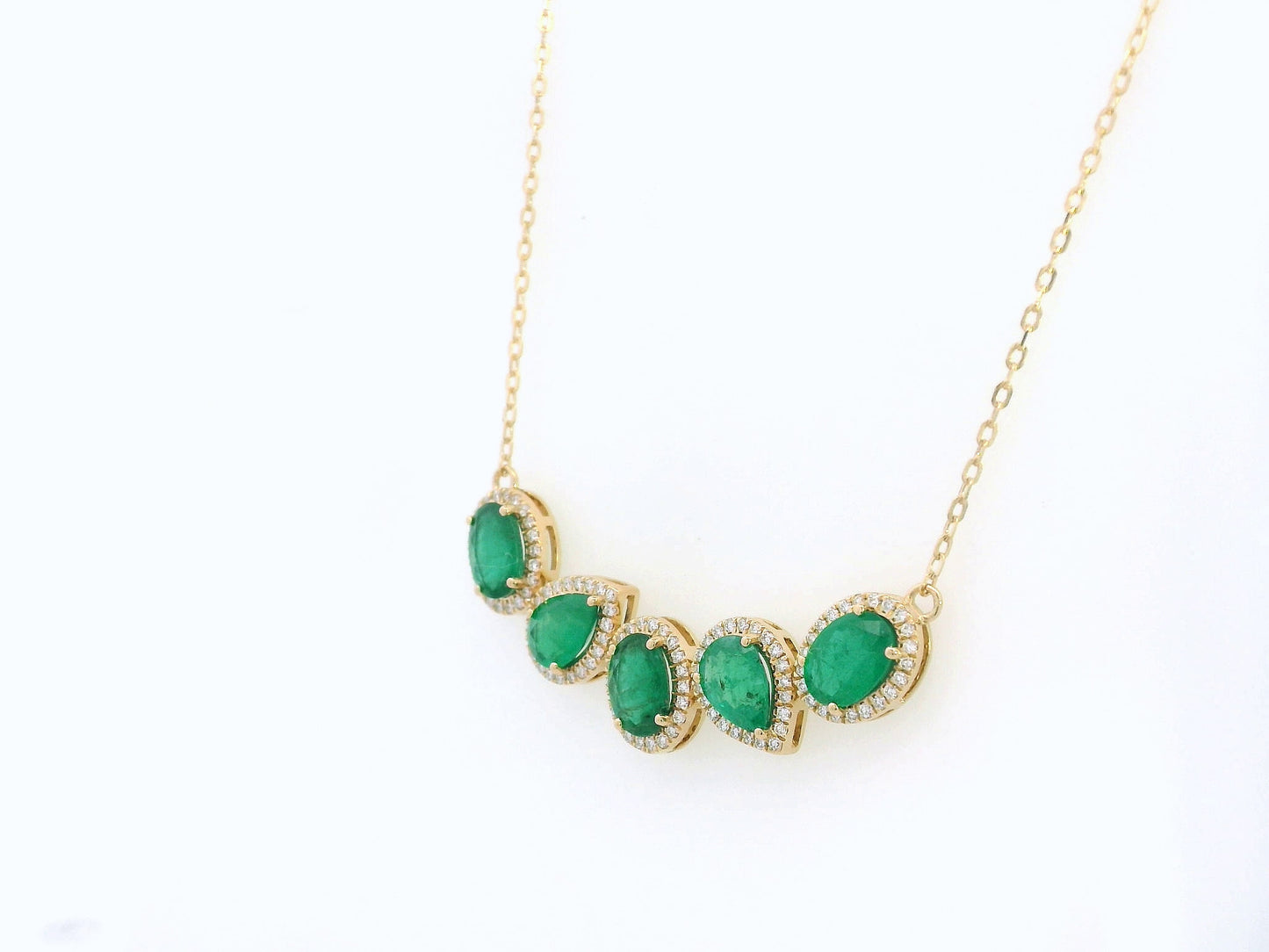 18k Yellow Gold Emerald Necklace with 3.33ct Pear & Oval Emeralds and 0.38ct Diamond Halo Accents, Elegant Statement Fine Jewelry