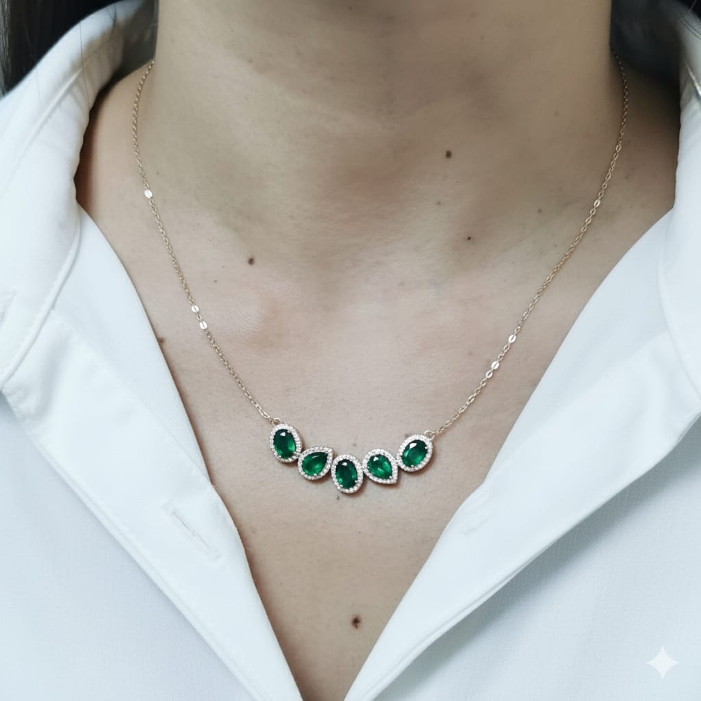 18k Yellow Gold Emerald Necklace with 3.33ct Pear & Oval Emeralds and 0.38ct Diamond Halo Accents, Elegant Statement Fine Jewelry