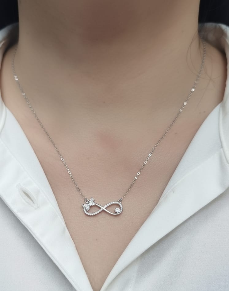 18K White Gold Diamond Infinity Bow Necklace, 0.23 Carat Round Diamonds, Elegant Symbolic Pendant