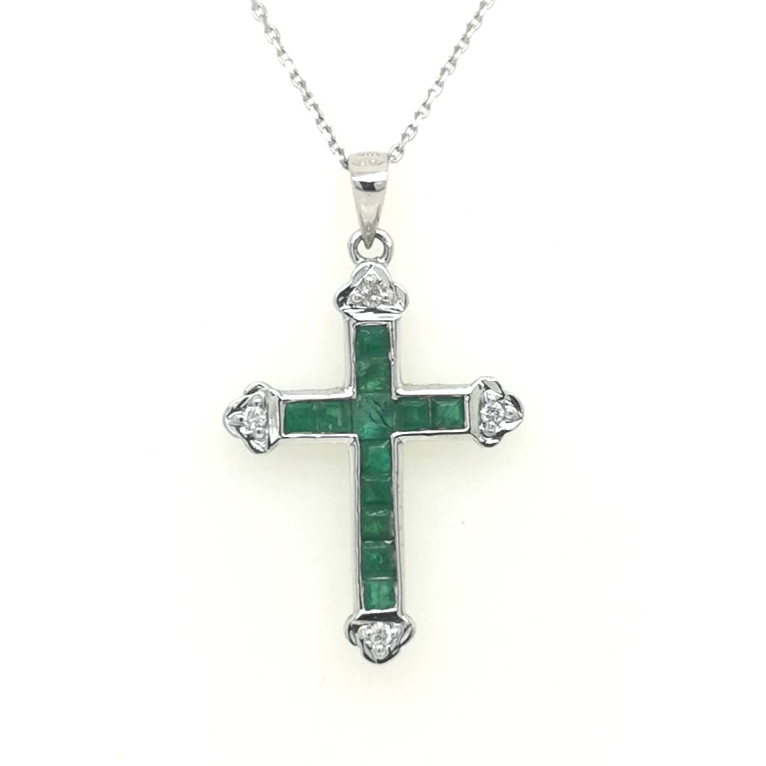 Emerald Cross Pendant In 18k White Gold.