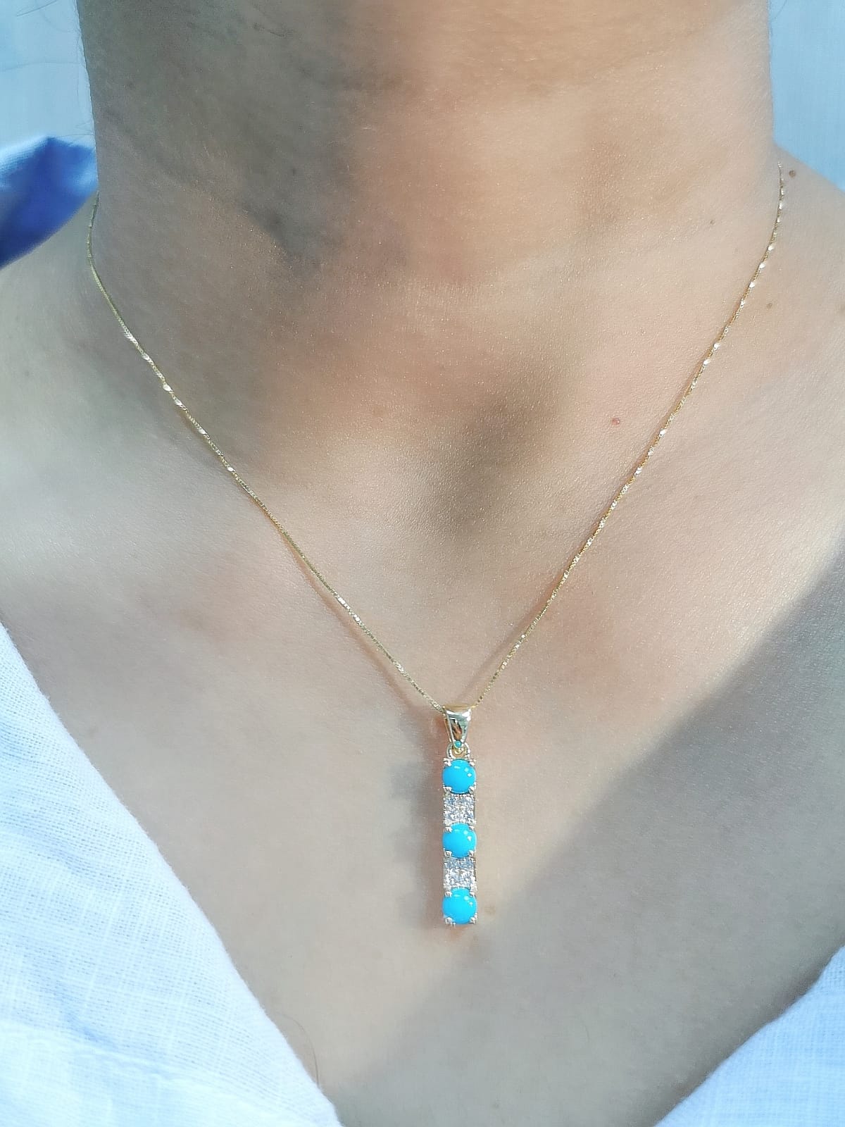 18K Yellow Gold Bar Pendant with Diamonds & Turquoise | 0.90ct Turquoise & 0.14ct Diamonds Necklace