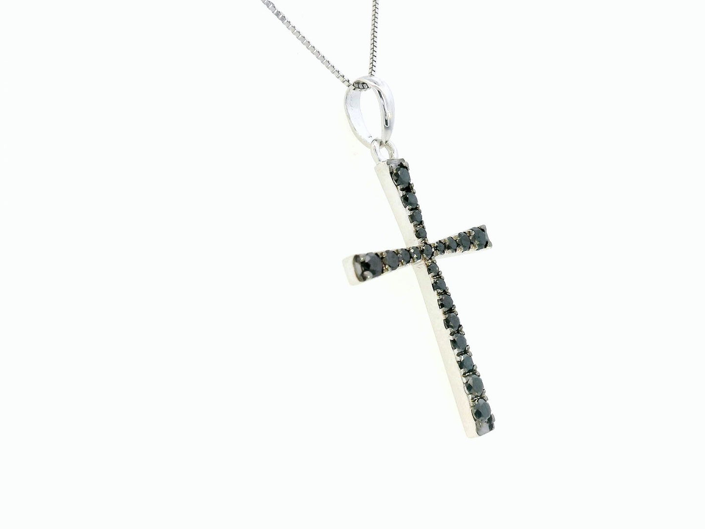 18K white gold black diamond cross pendant with pavé-set diamonds, luxury faith jewelry by Emirates Diamonds.