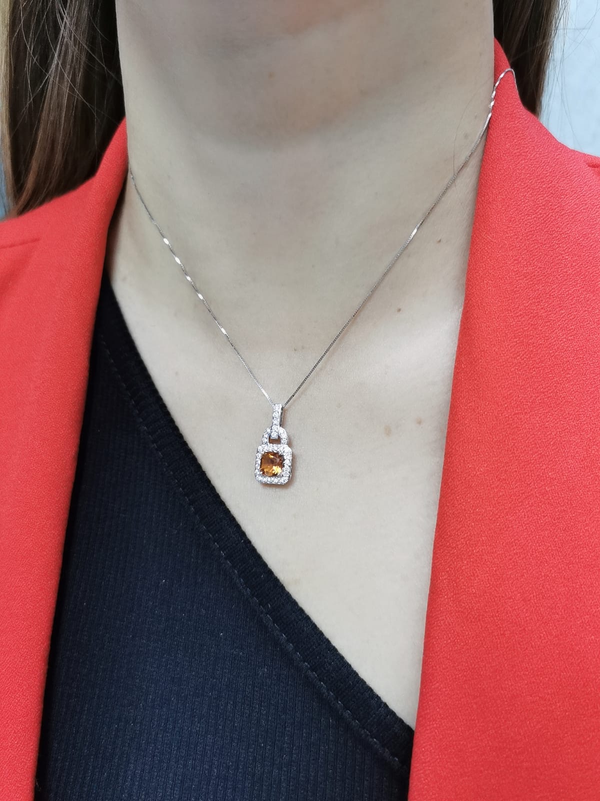 18K gold lock-shaped Citrine pendant with diamond halo, featuring a 1.07CT cushion-cut Citrine and 0.42CT diamonds. Chain not included.