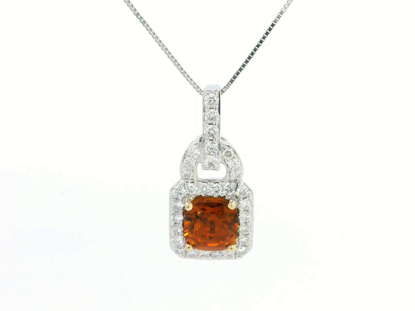 18K gold lock-shaped Citrine pendant with diamond halo, featuring a 1.07CT cushion-cut Citrine and 0.42CT diamonds. Chain not included.