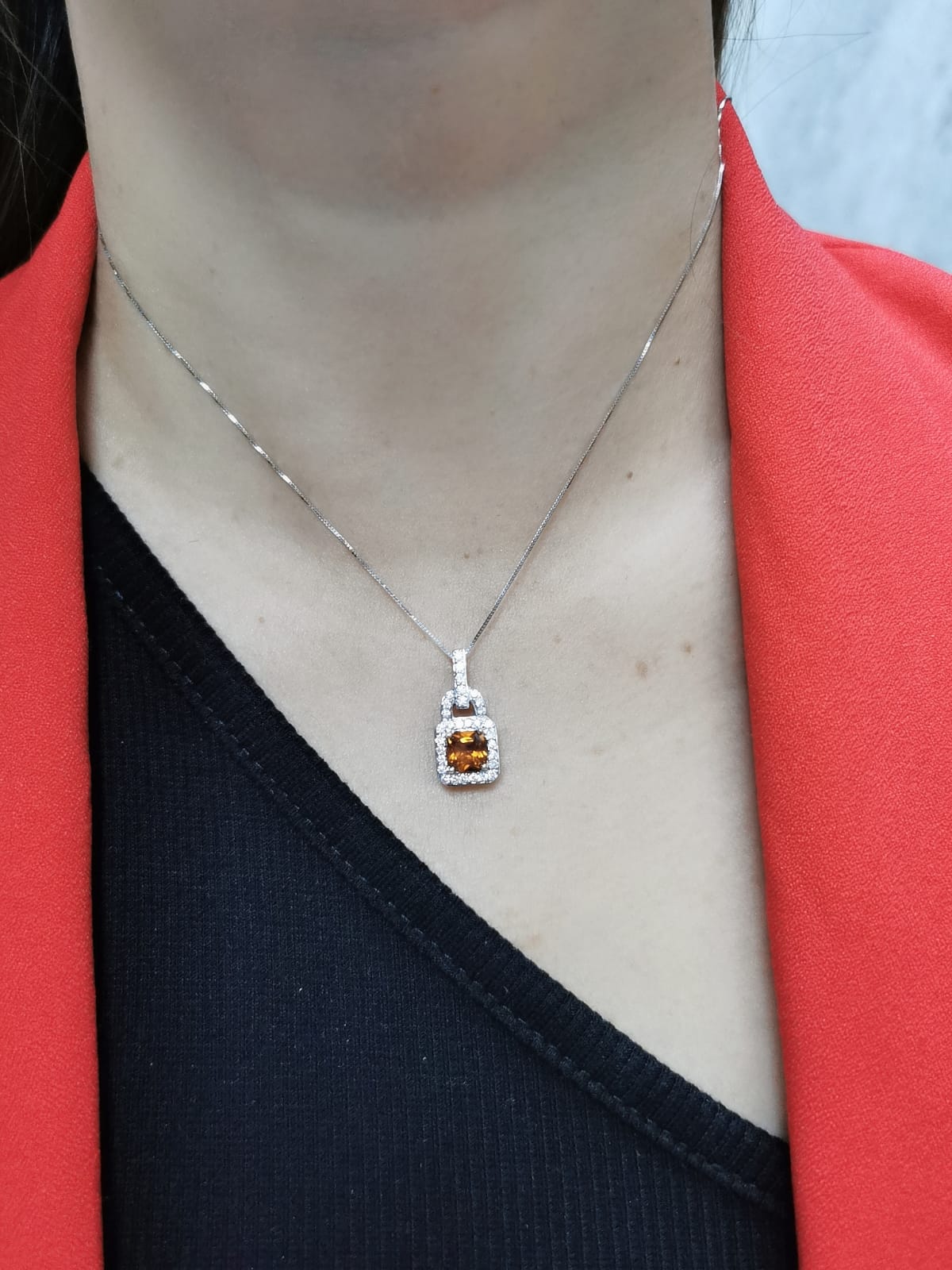 18K gold lock-shaped Citrine pendant with diamond halo, featuring a 1.07CT cushion-cut Citrine and 0.42CT diamonds. Chain not included.