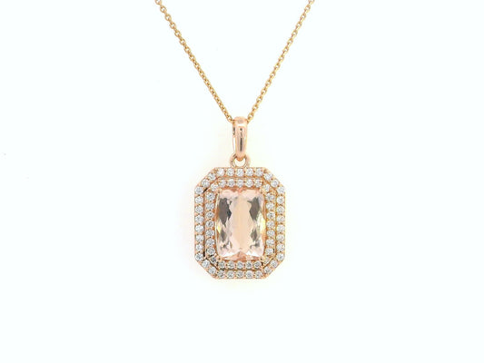 18K gold emerald-cut morganite pendant featuring a 2.18-carat blush pink morganite with a double halo of 0.40-carat diamonds. Luxury fine jewelry piece.