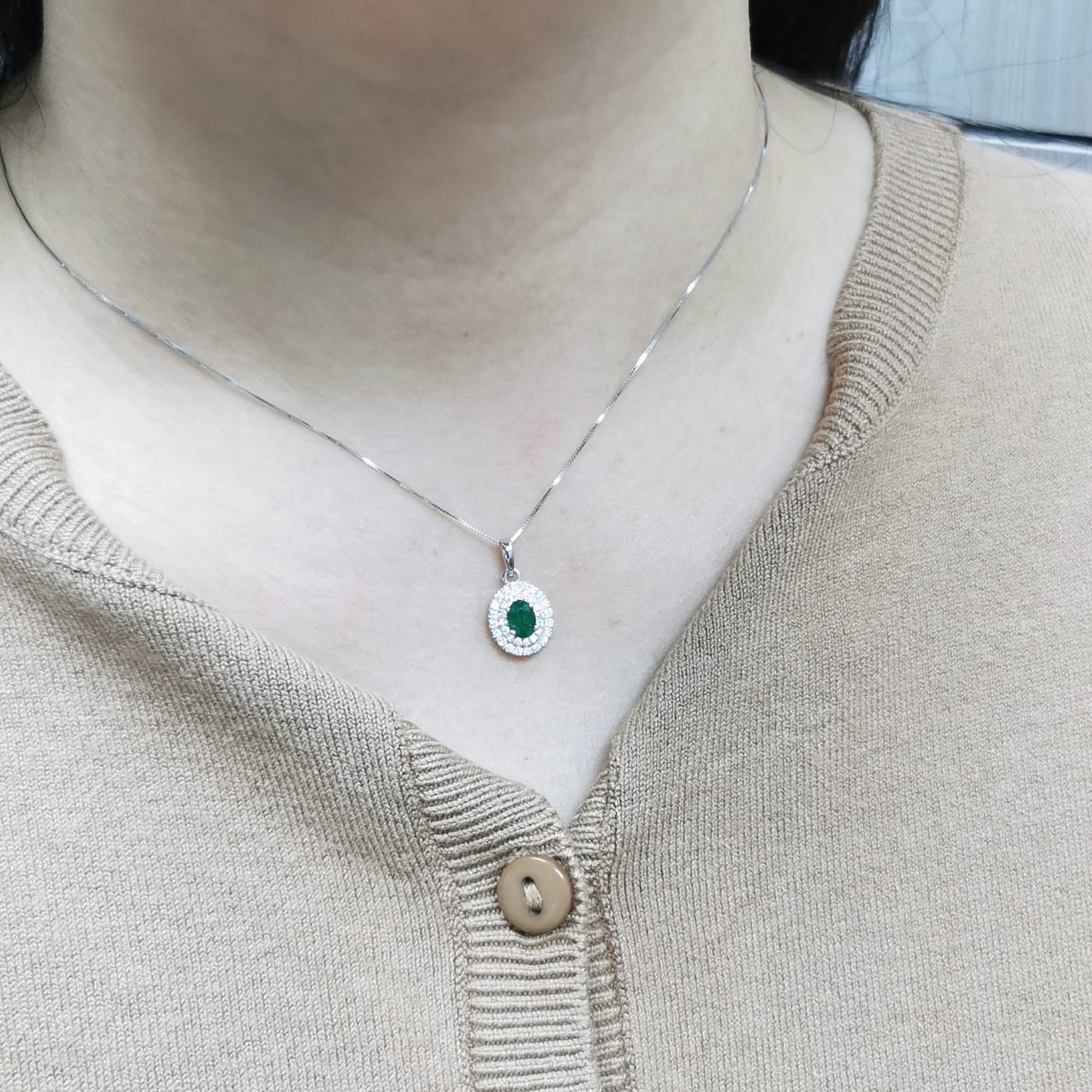 18K white gold emerald pendant with double diamond halo – 0.53ct oval emerald, 0.33ct diamonds, layering jewelry