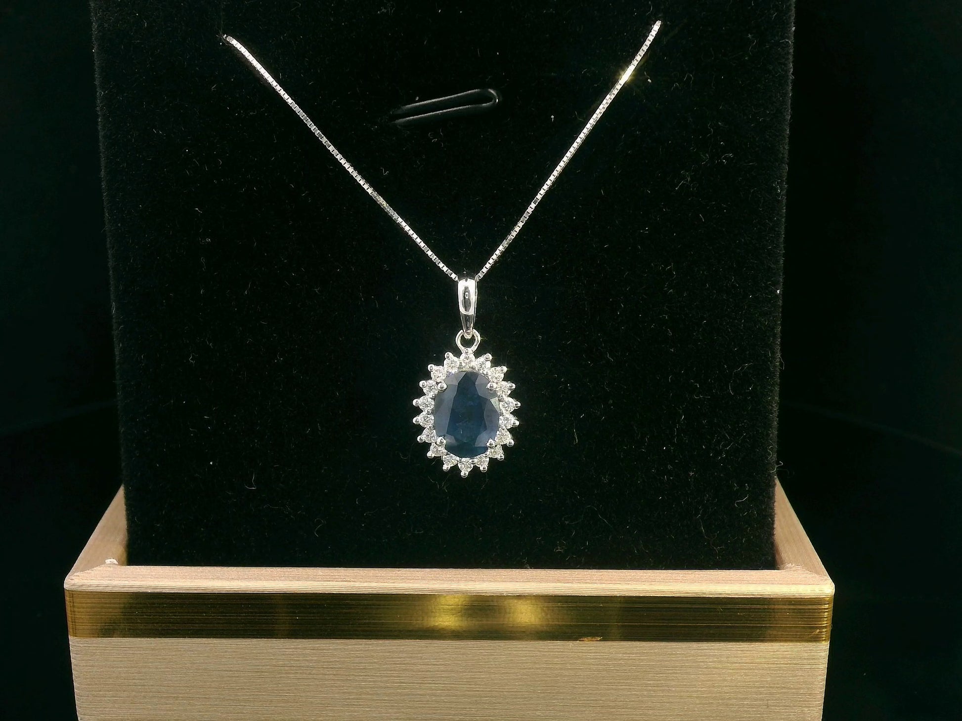 Oval Blue Sapphire & Diamond Halo Pendant in 18K Gold – 1.72 CT Sapphire with 0.20 CT Diamonds