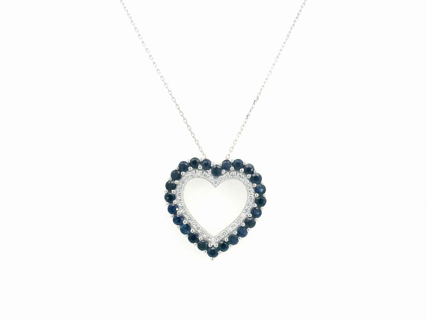 18K White Gold Heart Pendant Necklace with 1.86ct Blue Sapphires and 0.33ct Diamonds