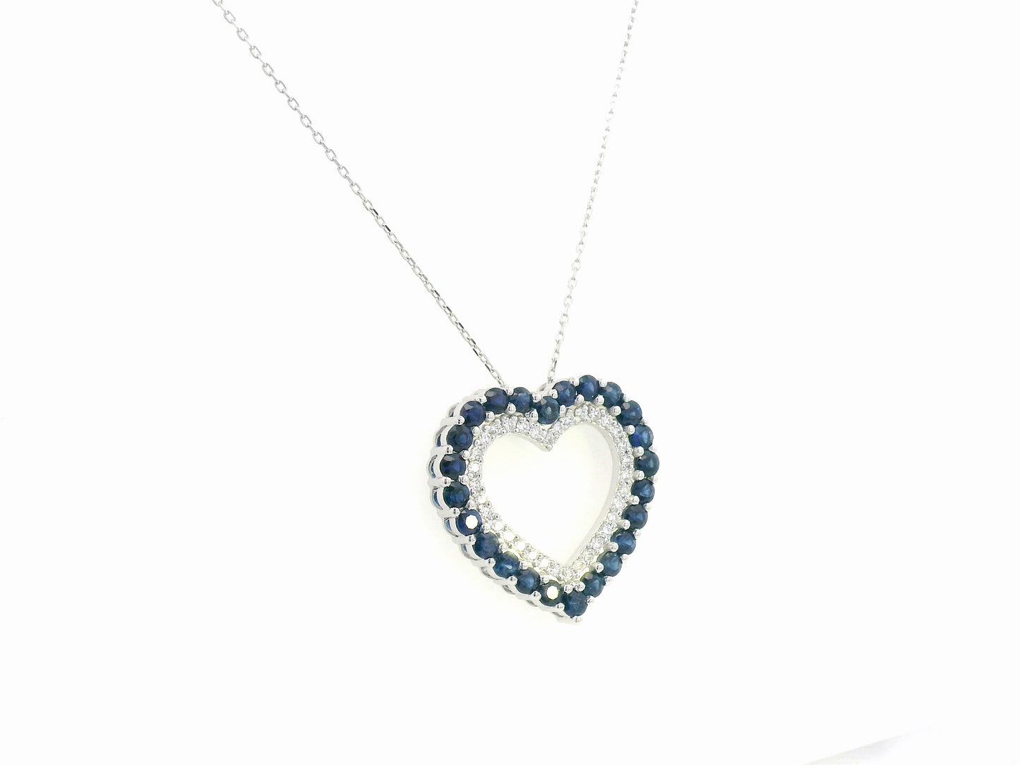 18K White Gold Heart Pendant Necklace with 1.86ct Blue Sapphires and 0.33ct Diamonds