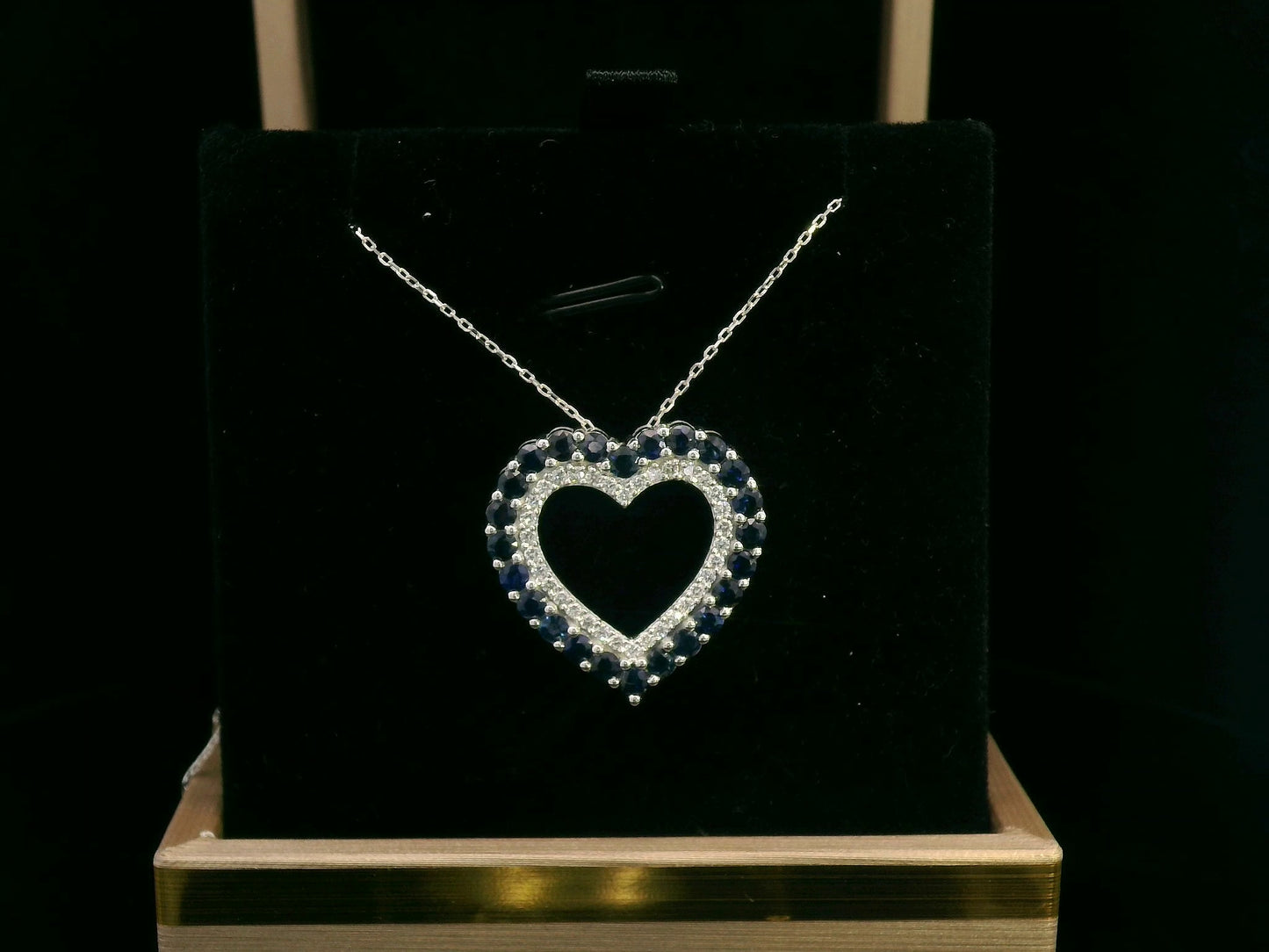 18K White Gold Heart Pendant Necklace with 1.86ct Blue Sapphires and 0.33ct Diamonds