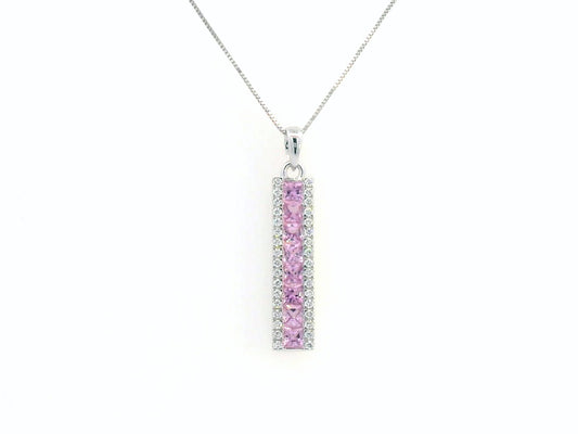 18K White Gold Princess-Cut Pink Sapphire and Diamond Pendant Necklace – 0.91ct Sapphires, 0.20ct Diamonds, Birthstone Jewelry