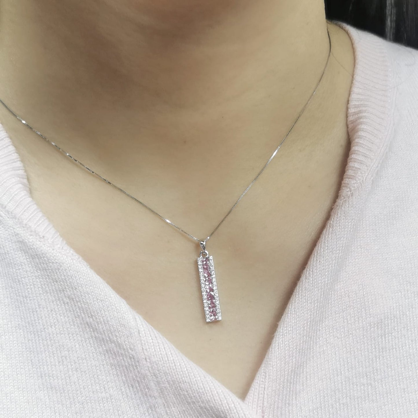 18K White Gold Princess-Cut Pink Sapphire and Diamond Pendant Necklace – 0.91ct Sapphires, 0.20ct Diamonds, Birthstone Jewelry