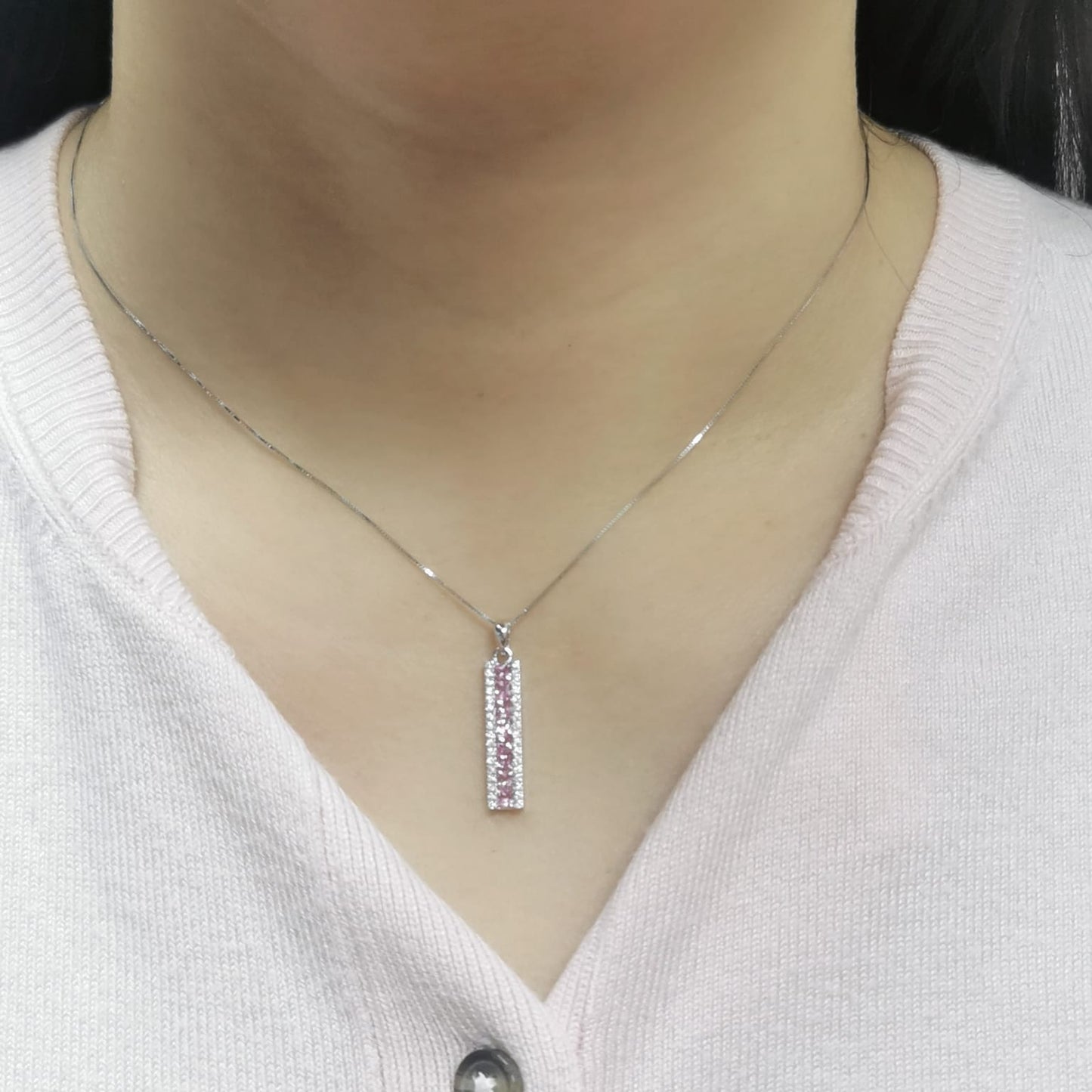 18K White Gold Princess-Cut Pink Sapphire and Diamond Pendant Necklace – 0.91ct Sapphires, 0.20ct Diamonds, Birthstone Jewelry