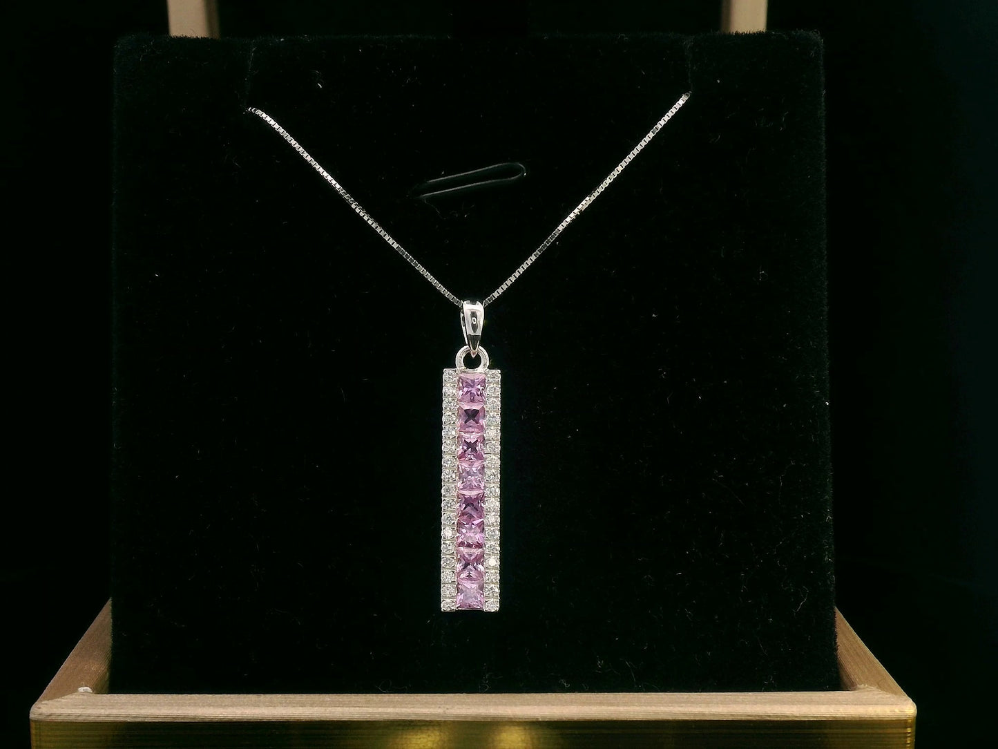18K White Gold princess-Cut Pink Sapphires & Diamond Pendant.