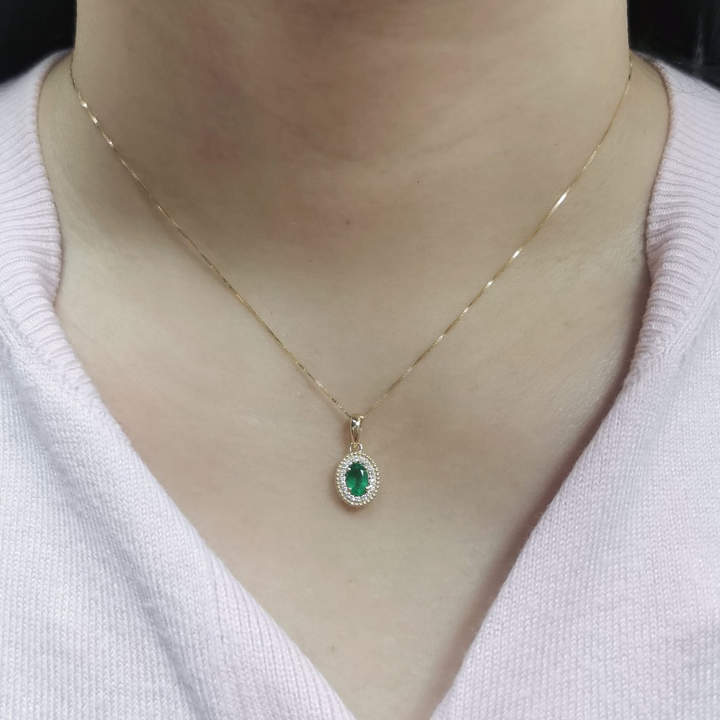 Oval-Cut Emerald & Diamond Halo Pendant in 18K Gold