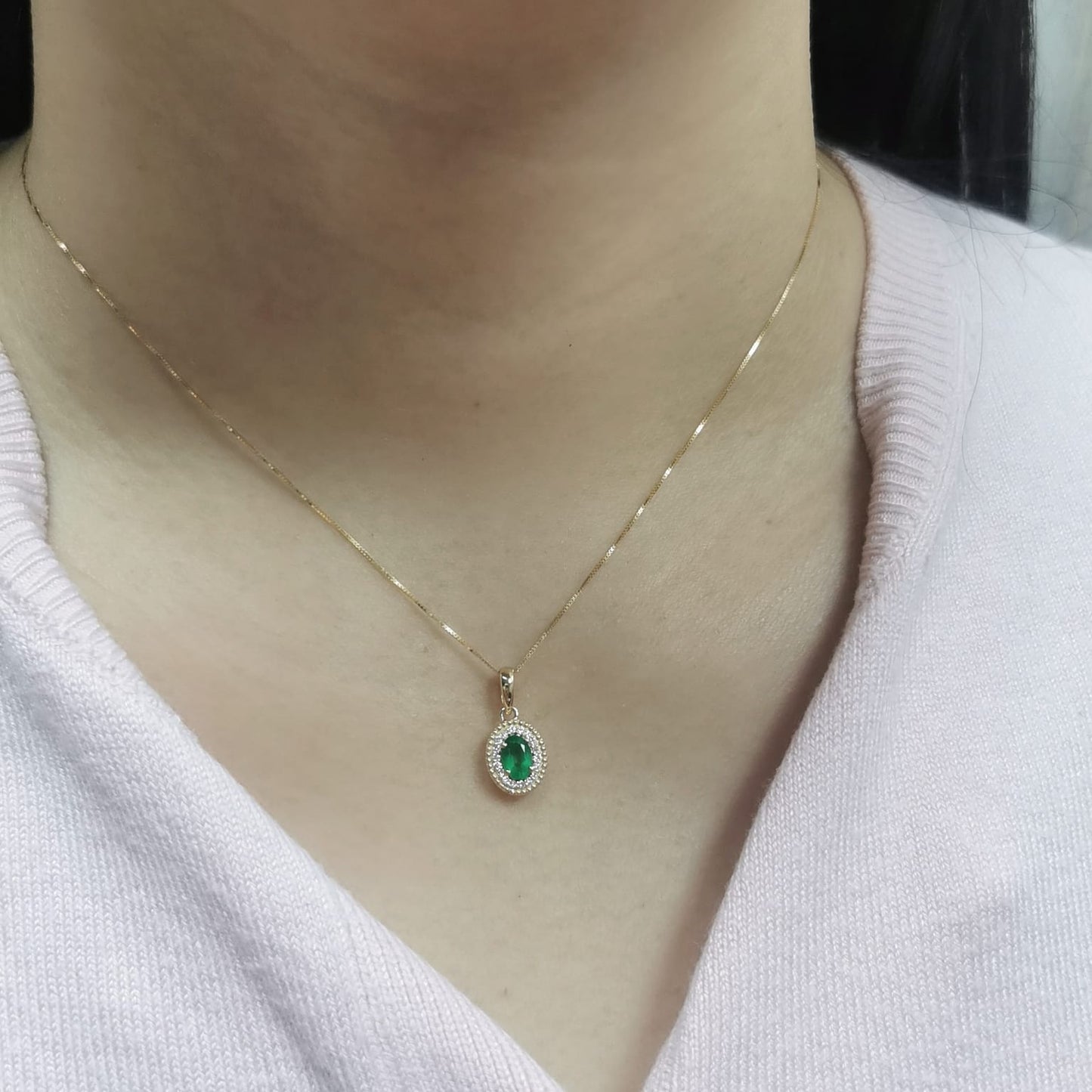 Oval-Cut Emerald & Diamond Halo Pendant in 18K Gold