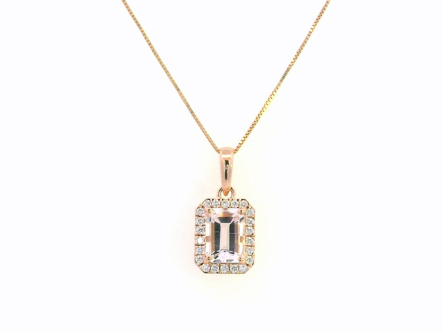 Emerald-Cut Morganite & Diamond Halo Pendant in 18K Gold