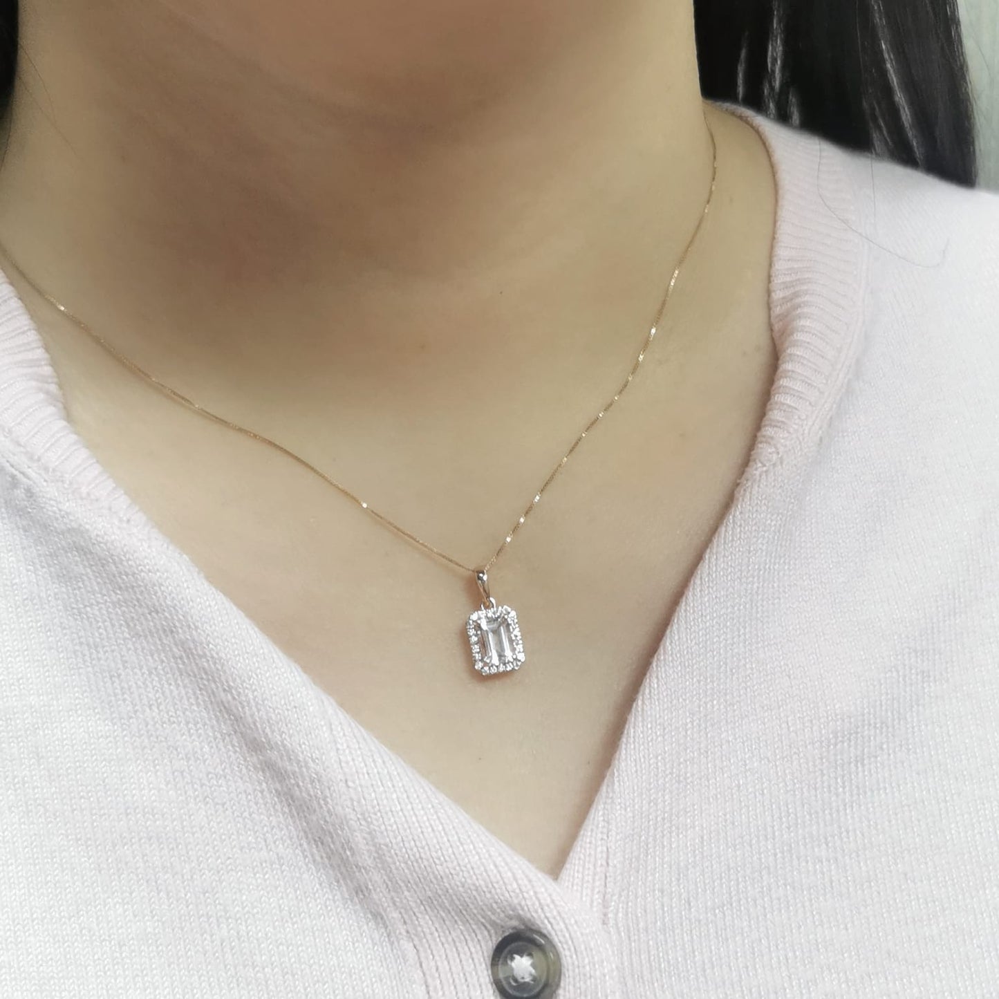 Emerald-Cut Morganite & Diamond Halo Pendant in 18K Gold