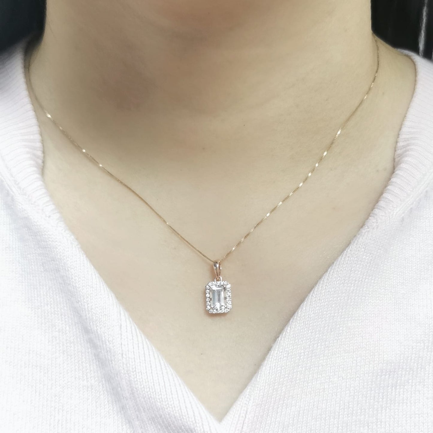 Emerald-Cut Morganite & Diamond Halo Pendant in 18K Gold