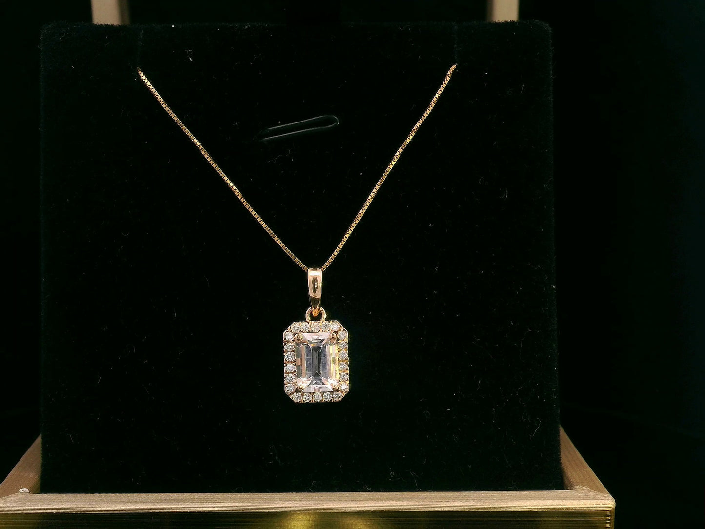 Emerald-Cut Morganite & Diamond Halo Pendant in 18K Gold