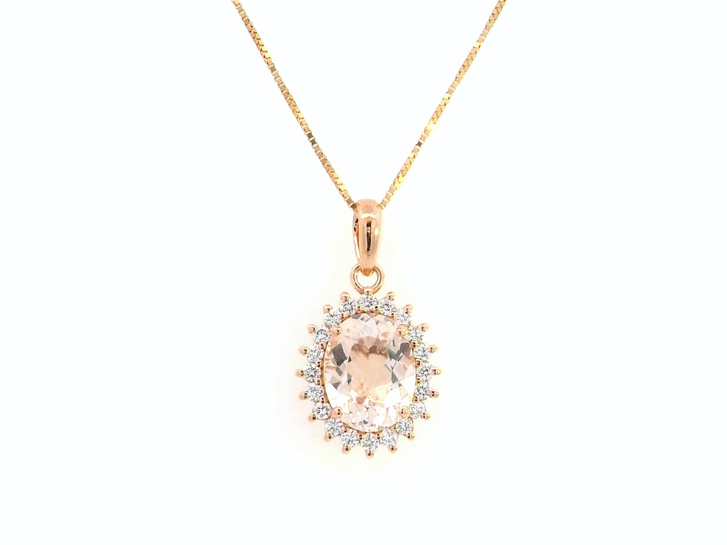 18K Rose Gold Morganite & Diamond Pendant – 1.65 CT Oval-Cut Morganite, 0.23 CT Diamond Halo, Elegant Bridal & Anniversary Jewelry