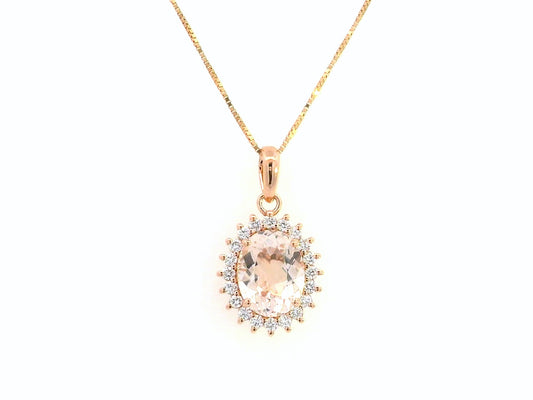 18K Rose Gold Morganite & Diamond Pendant – 1.65 CT Oval-Cut Morganite, 0.23 CT Diamond Halo, Elegant Bridal & Anniversary Jewelry