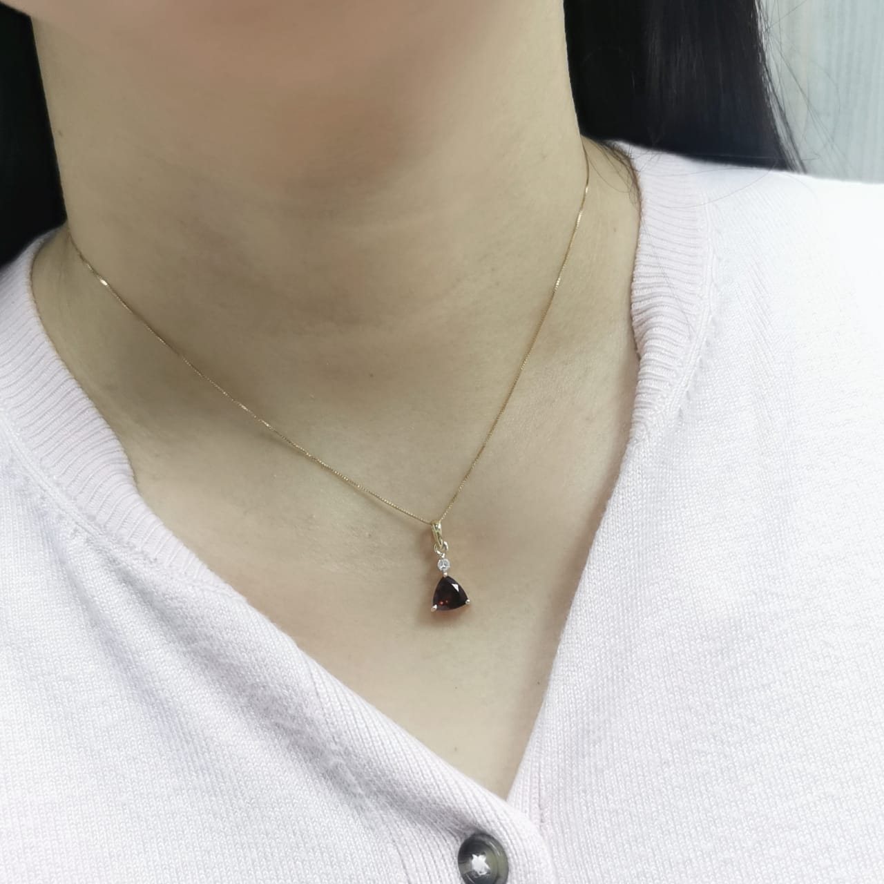 18K Yellow Gold Garnet and Diamond Pendant – 1.39 Carat Trillion-Cut Garnet with 0.06 Carat Diamond, Elegant Fine Jewelry for Women