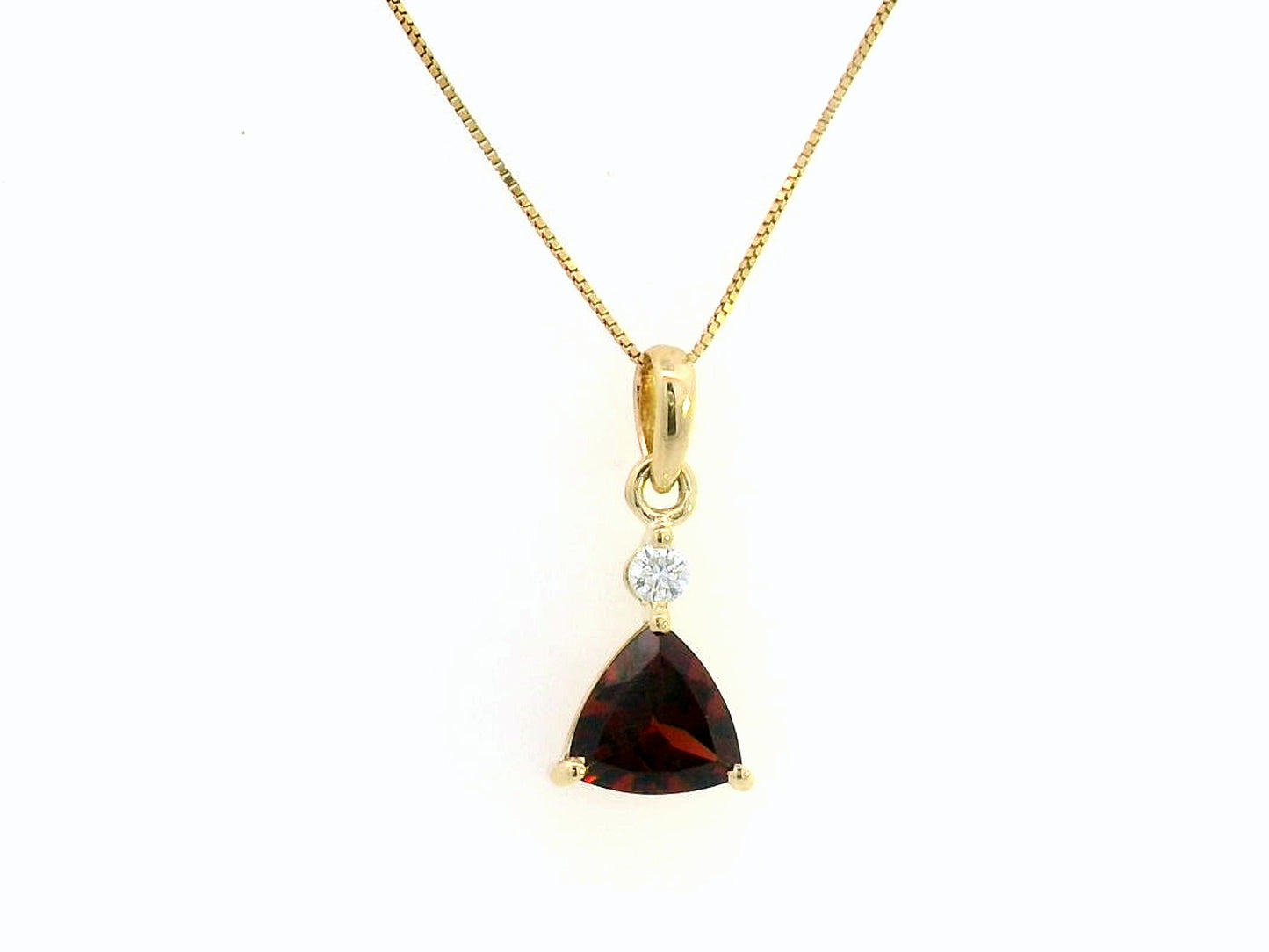 18K Yellow Gold Garnet and Diamond Pendant – 1.39 Carat Trillion-Cut Garnet with 0.06 Carat Diamond, Elegant Fine Jewelry for Women