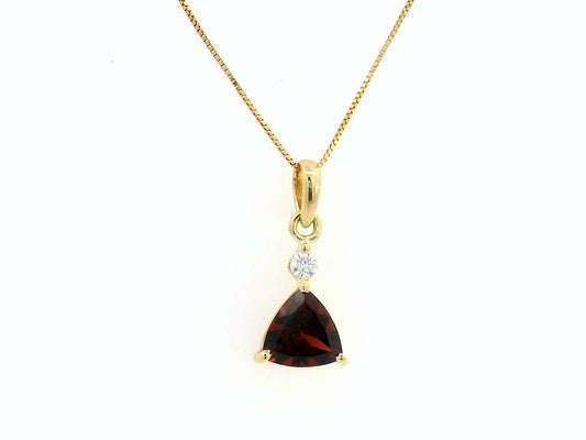 18K Yellow Gold Garnet and Diamond Pendant – 1.39 Carat Trillion-Cut Garnet with 0.06 Carat Diamond, Elegant Fine Jewelry for Women