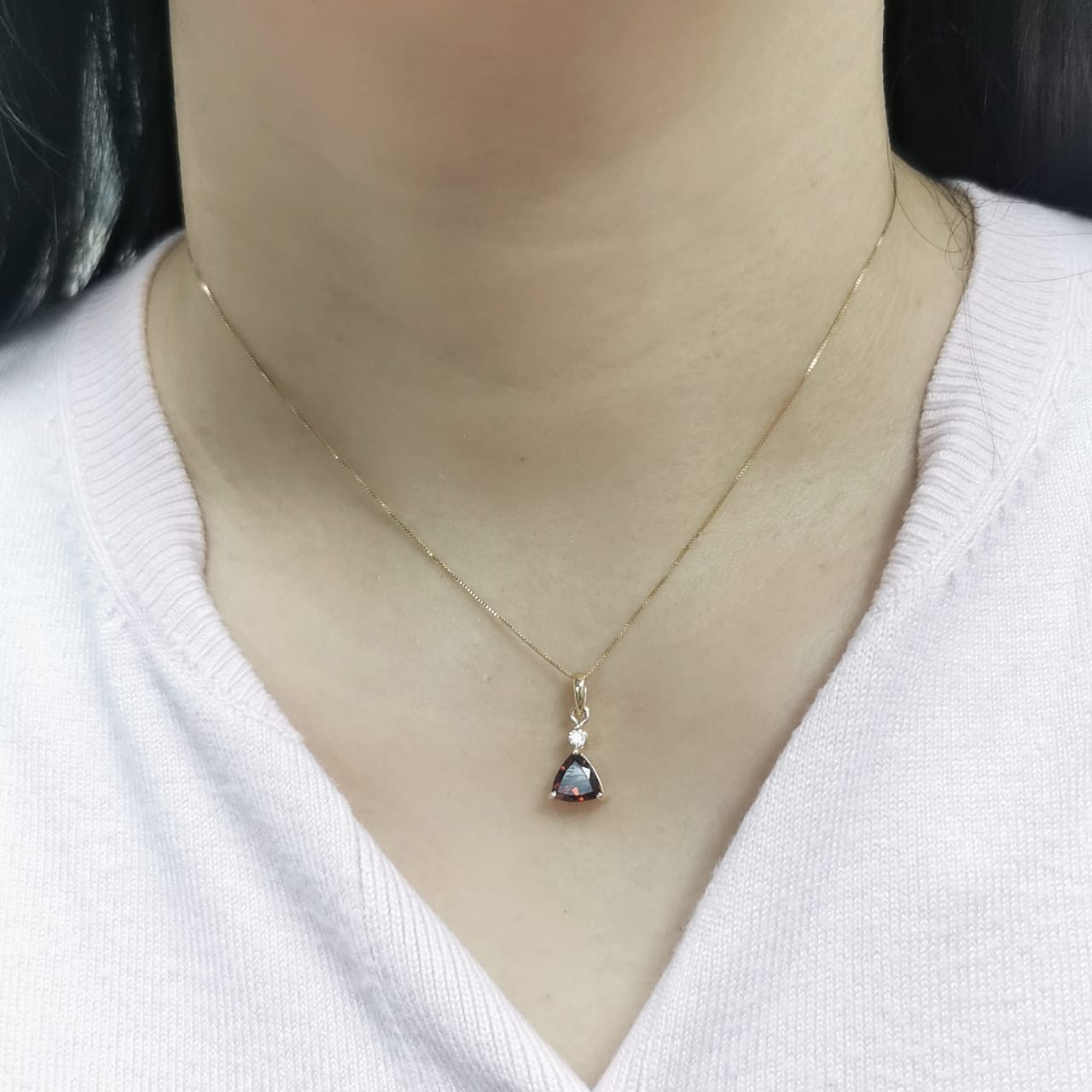 18K Yellow Gold Garnet and Diamond Pendant – 1.39 Carat Trillion-Cut Garnet with 0.06 Carat Diamond, Elegant Fine Jewelry for Women