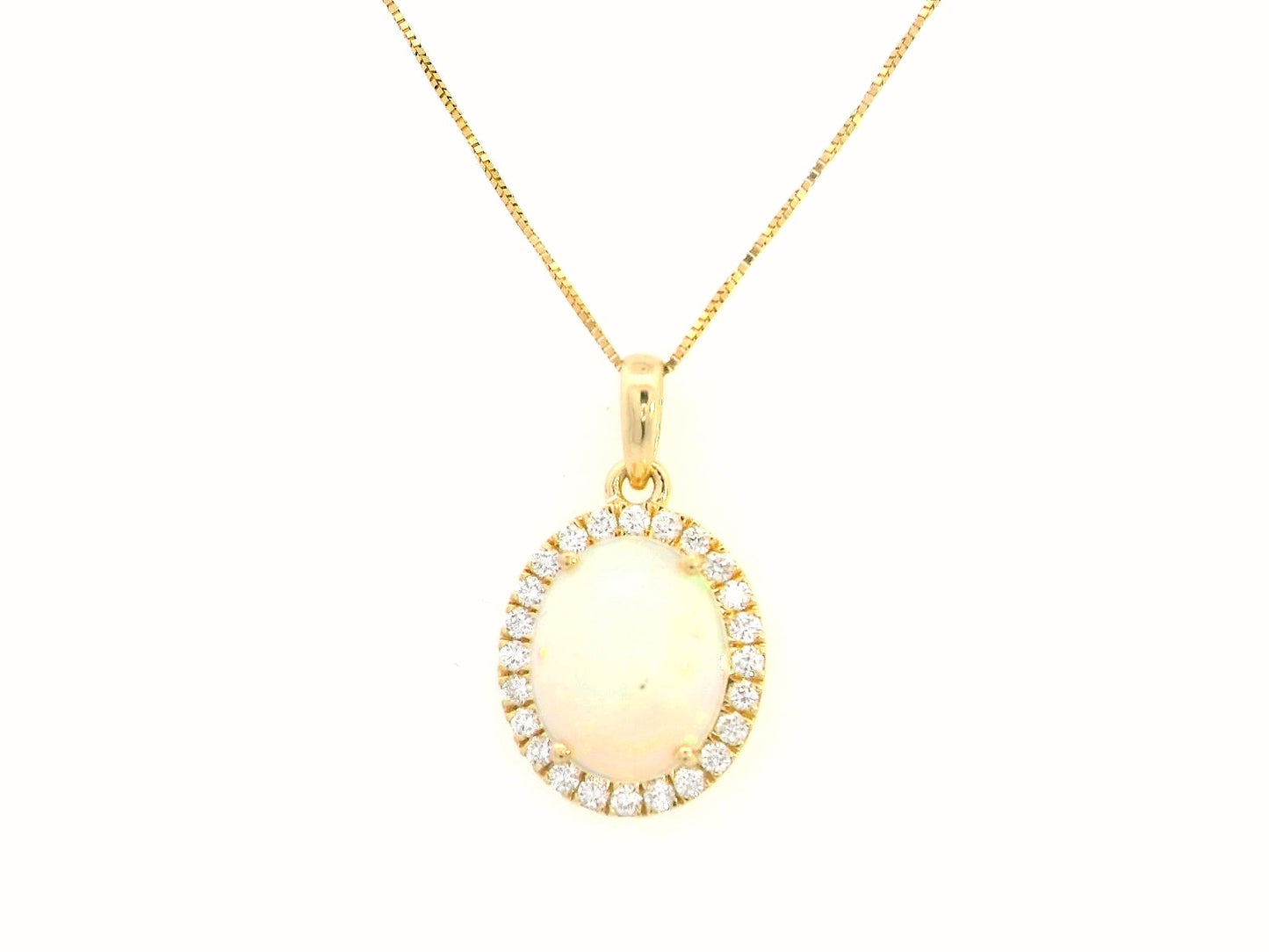 Elegant 18K gold opal and diamond halo pendant featuring a 1.68-carat opal gemstone surrounded by a sparkling 0.28-carat diamond halo.