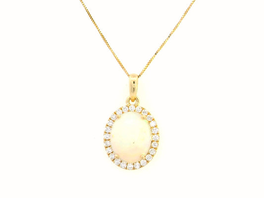 Elegant 18K gold opal and diamond halo pendant featuring a 1.68-carat opal gemstone surrounded by a sparkling 0.28-carat diamond halo.