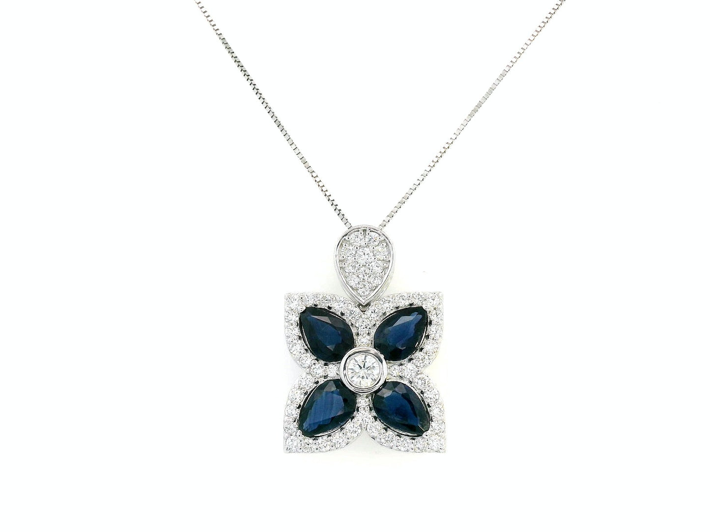 18K White Gold Blue Sapphire & Diamond Flower Pendant Necklace – Luxury Fine Jewelry with 1.48CT Blue Sapphires & 0.56CT Diamonds