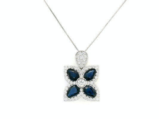 18K White Gold Blue Sapphire & Diamond Flower Pendant Necklace – Luxury Fine Jewelry with 1.48CT Blue Sapphires & 0.56CT Diamonds