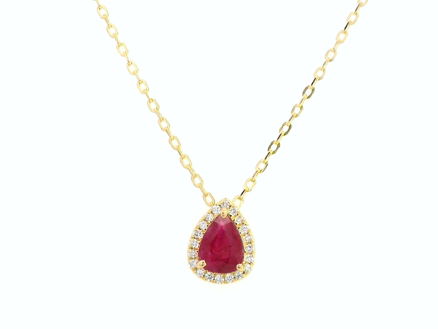 18K Gold Pear-Shaped Ruby and Diamond Halo Pendant Necklace – Luxury July Birthstone Jewelry with 0.89ct Ruby & Diamond Halo