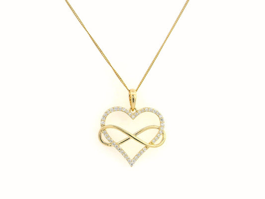 18K gold heart and infinity pendant with 0.22ct pave-set diamonds, symbolizing eternal love. Chain not included.