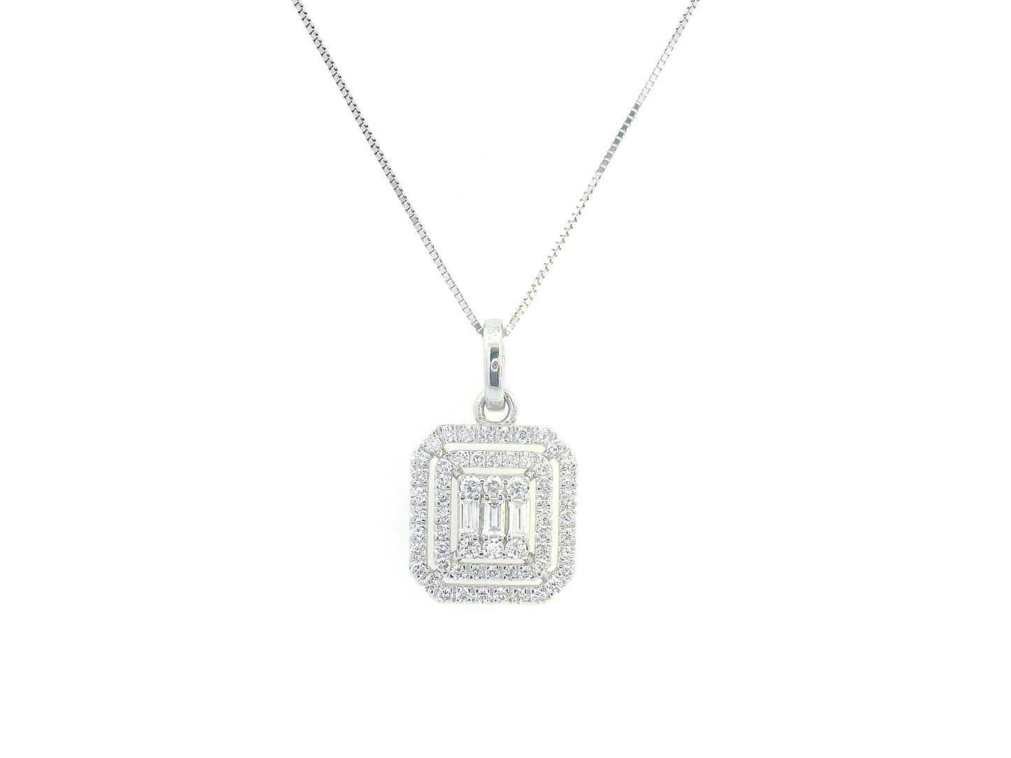 18K gold diamond pendant featuring baguette and round-cut diamonds, totaling 0.50ct, with a radiant double halo design.