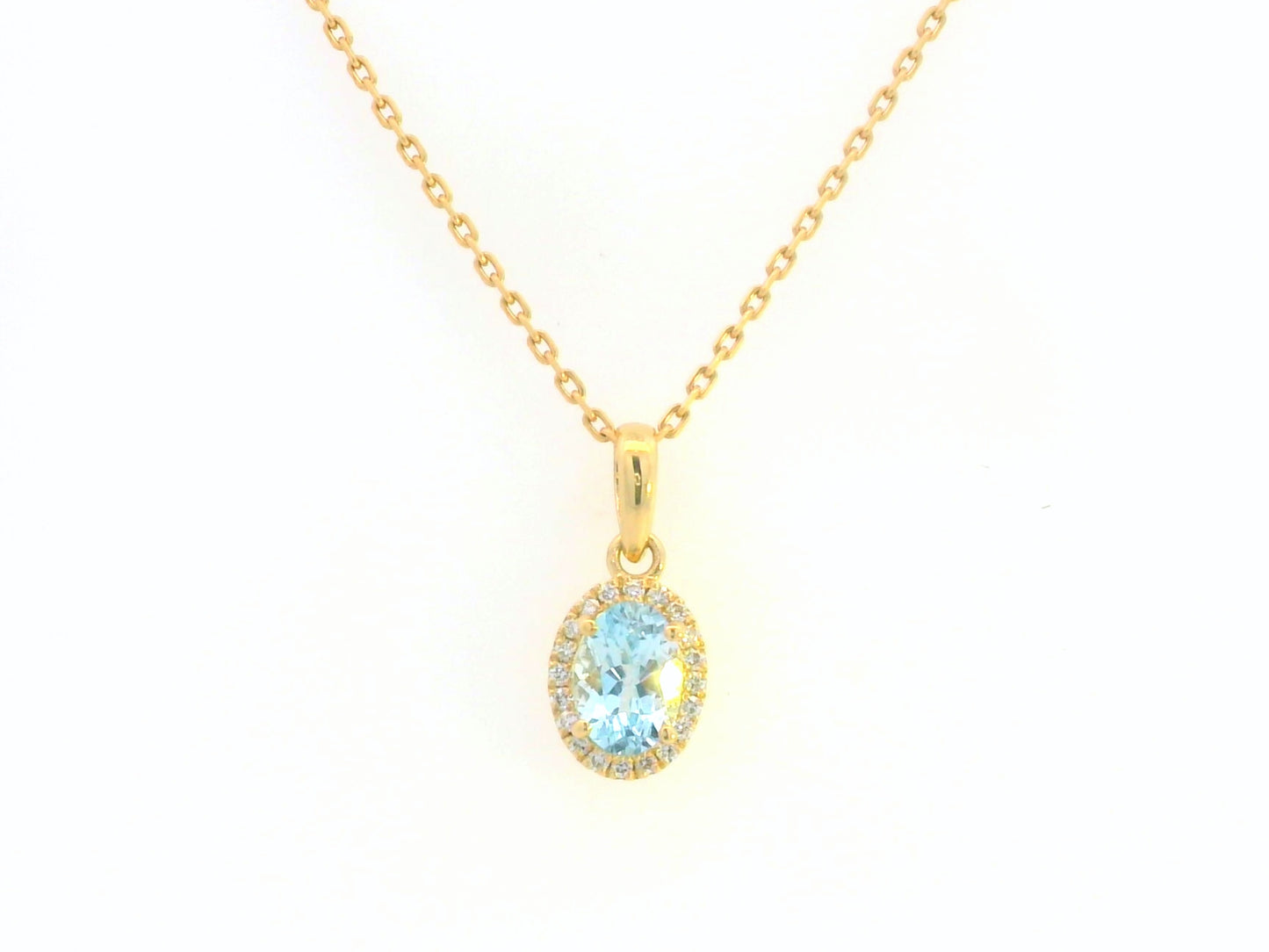 18K yellow gold oval Aquamarine pendant with diamond halo. Layering pendant without chain